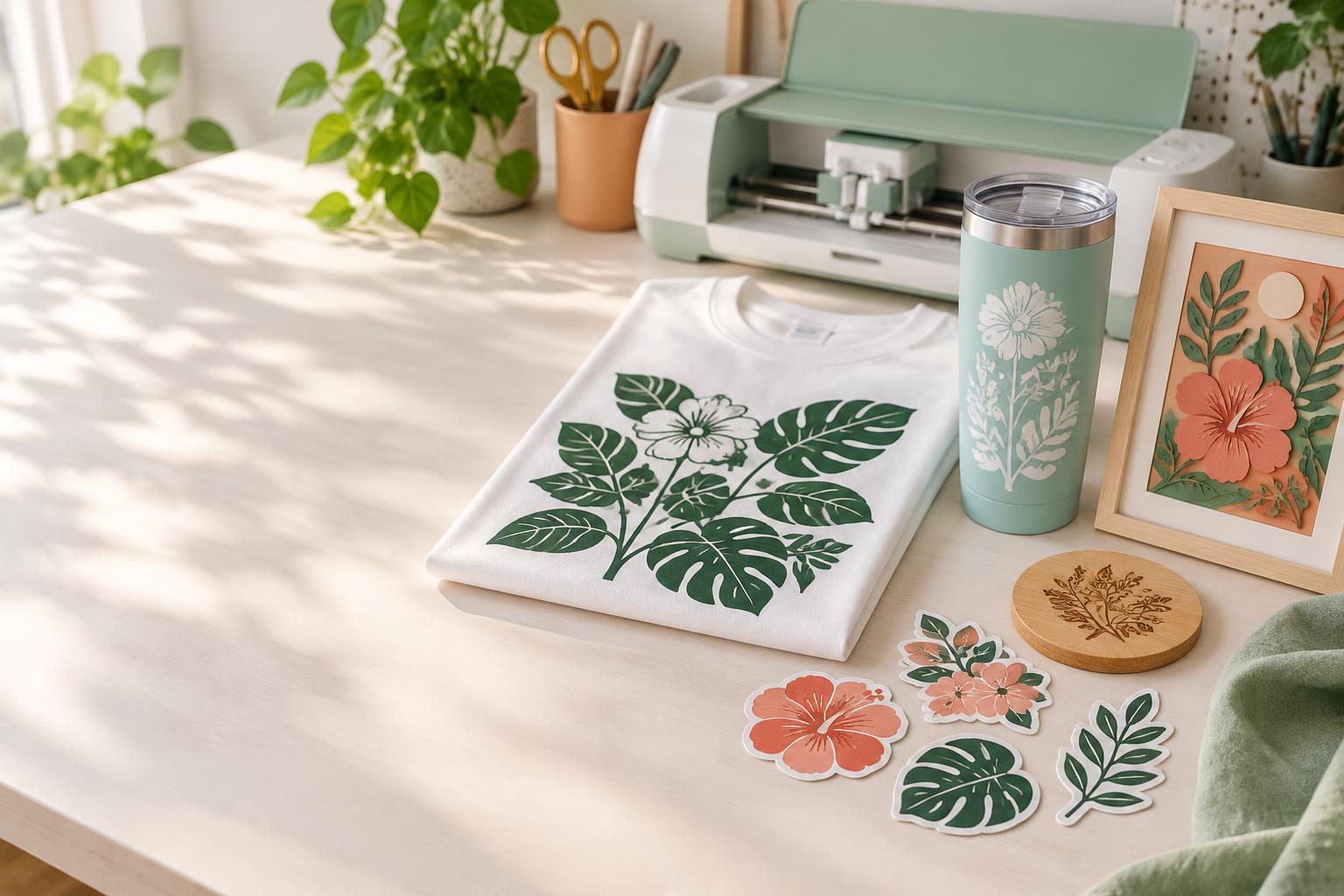 Printed botanical shirt, vinyl decal tumbler, flower stickers, layered paper art and engraved coaster beside a vinyl cutter